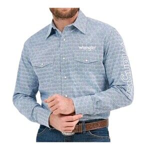 Wrangler Men's Western Logo Spell Out Classic Fit Pearl Snap Shirt Size L New